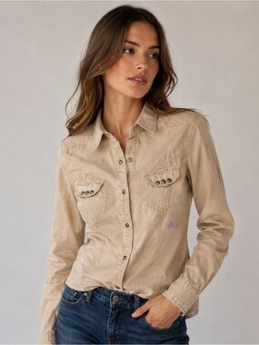 Vtg REPLAY Italy Western Utility Khaki Snap Button Shirt Women's S Y2K